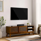 Mobile TV in rattan da 150 cm per TV da 65 pollici, mobiletto porta TV, console multimediale, piedini in legno massello e ante in rattan - Legno chiaro