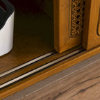Mobile TV in rattan da 150 cm per TV da 65 pollici, mobiletto porta TV, console multimediale, piedini in legno massello e ante in rattan - Legno chiaro