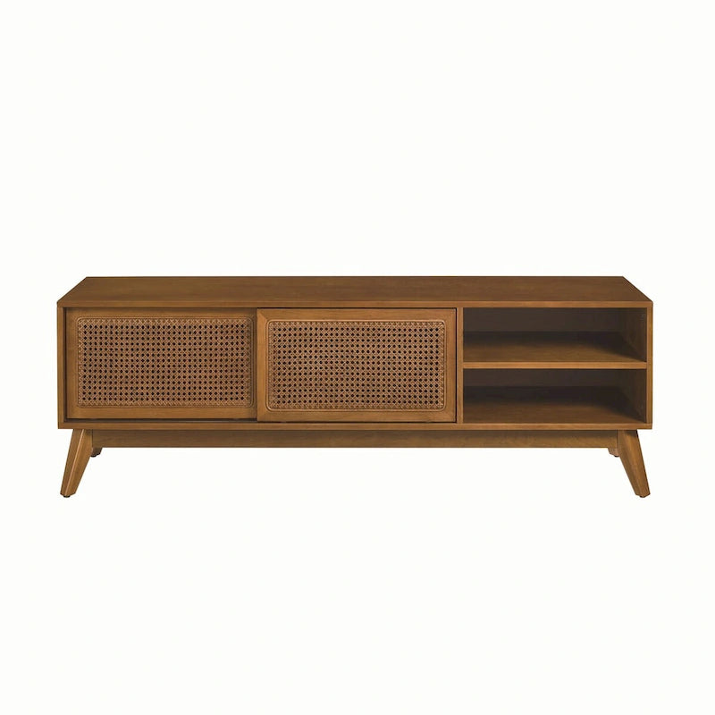 Mobile TV in rattan da 150 cm per TV da 65 pollici, mobiletto porta TV, console multimediale, piedini in legno massello e ante in rattan - Legno chiaro