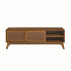 Mobile TV in rattan da 150 cm per TV da 65 pollici, mobiletto porta TV, console multimediale, piedini in legno massello e ante in rattan - Legno chiaro